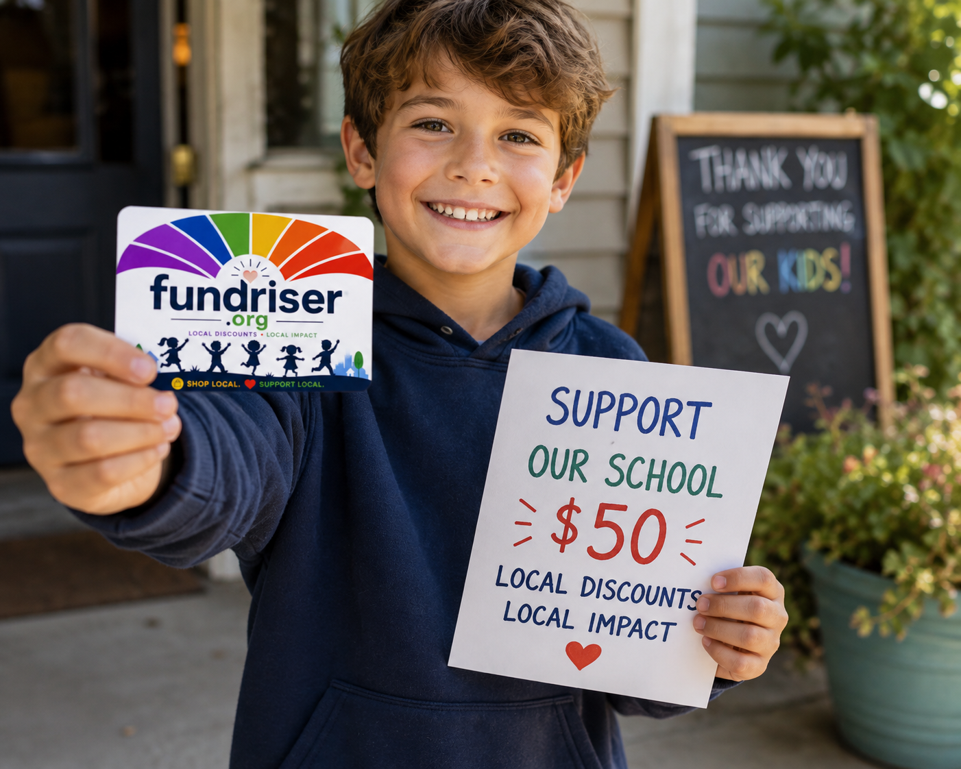 Student holding a FundRiser card and supporting their school