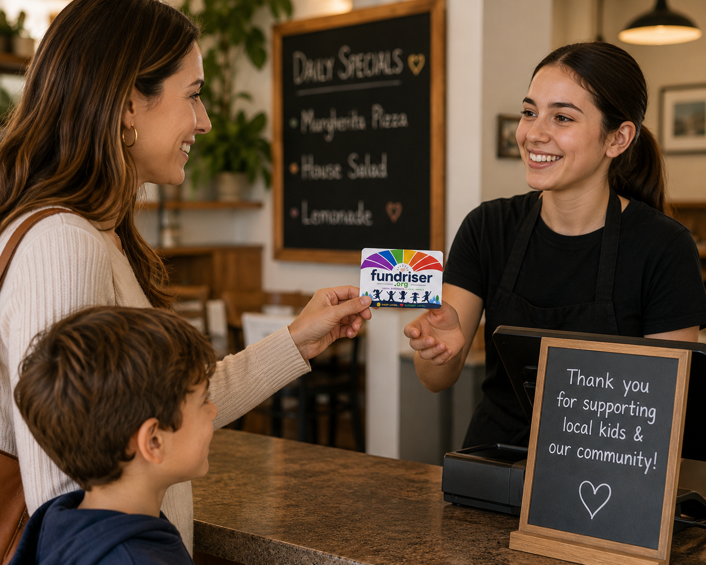 Parent purchasing a FundRiser card from a local business